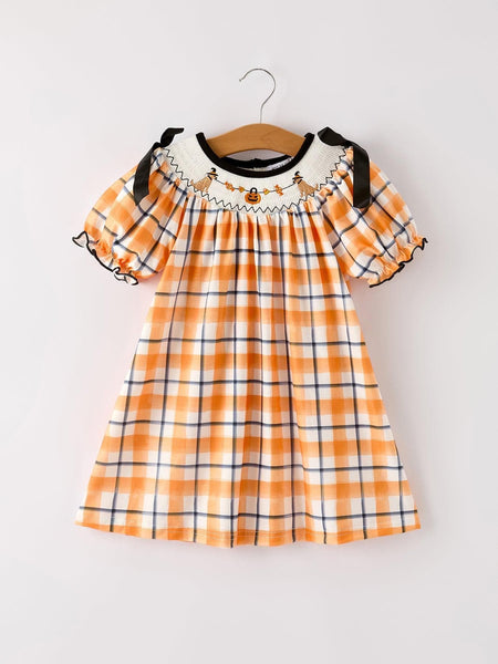 Fall Halloween Orange Embroidery Smocking Girls Dress