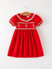 Red Christmas Girls Dress: Cross Embroidery with Lace Trim