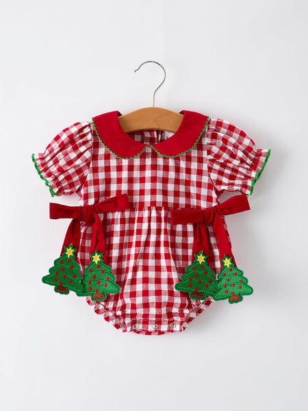 Baby Girls Christmas Outfit – Red Plaid Romper with Tree Bow Accents