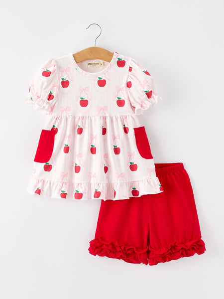 Girls Back To School Apple Bow Pocket Ruffle Top Shorts Set - Little Miss Marmalade