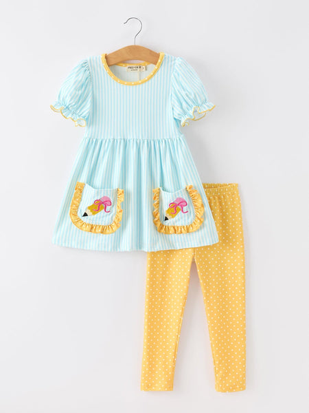 Girls Back To School Pencil Applique Top Leggings Set Pockets - Little Miss Marmalade