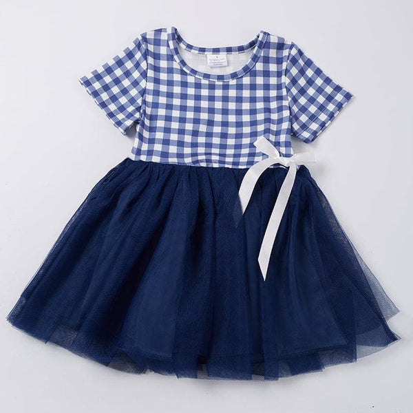 Navy Plaid Tutu Playwear Dress w/ Hair Bow