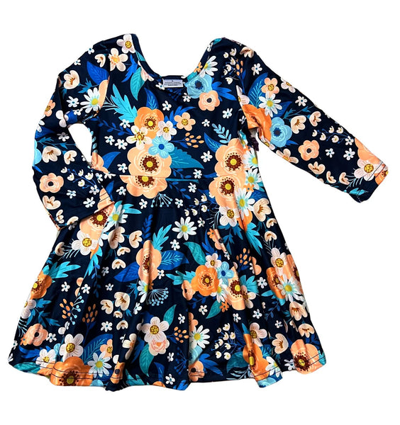 Spring Navy & Peach Floral Long Sleeved Dress /Hairbow
