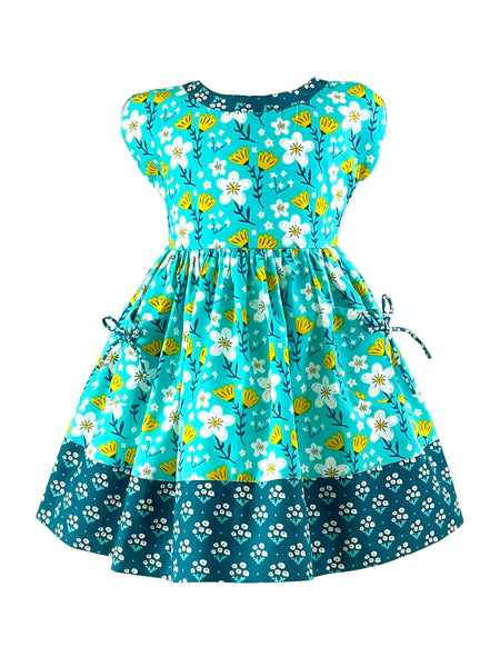 Vintage Teal Garden Picnic Dress w/ Hairbow