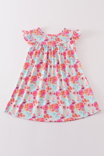 Teal & Pink Meadow Playwear Dress w/ Hair Bow