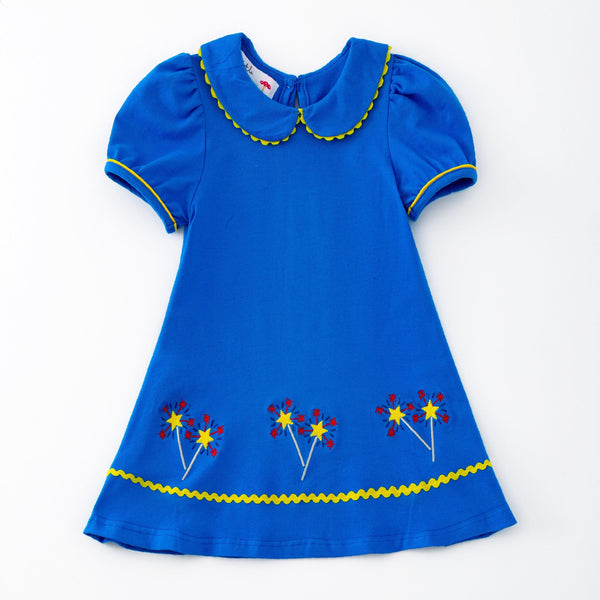 Fourth of July Fireworks Playwear Dress w/ Red Hair Bow