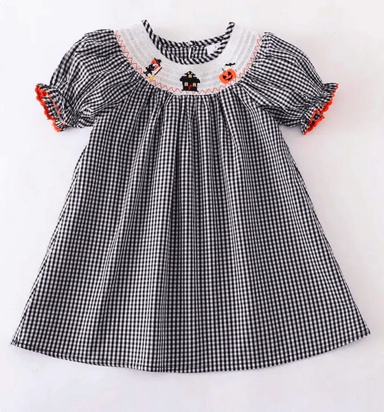 Halloween Smocked Black Checker Dress