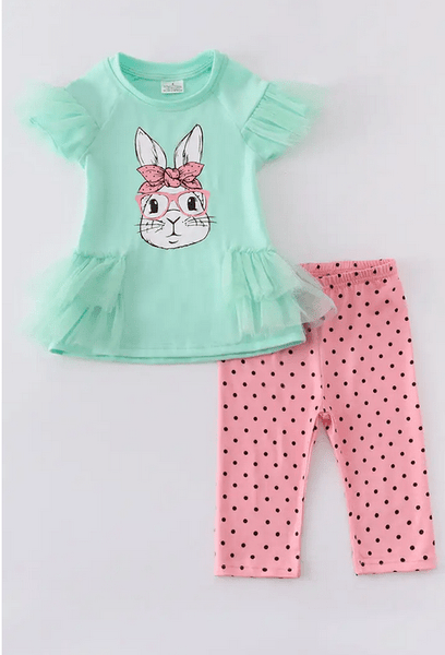 Easter Bunny Teal Capri Set w/ Hair Clip