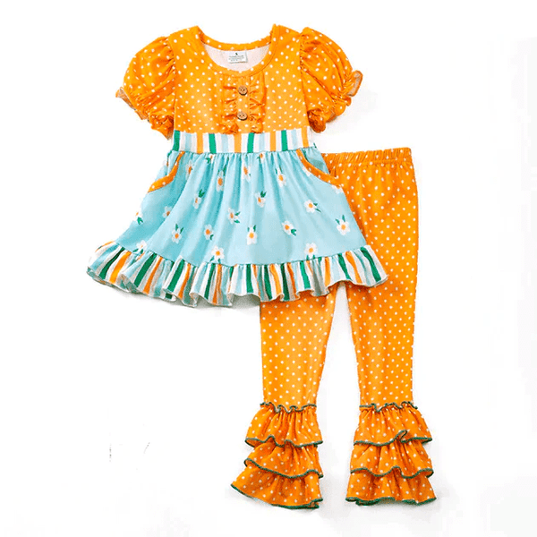 Sweet Golden & Teal Ruffle Spring Set w/ Hair Bow