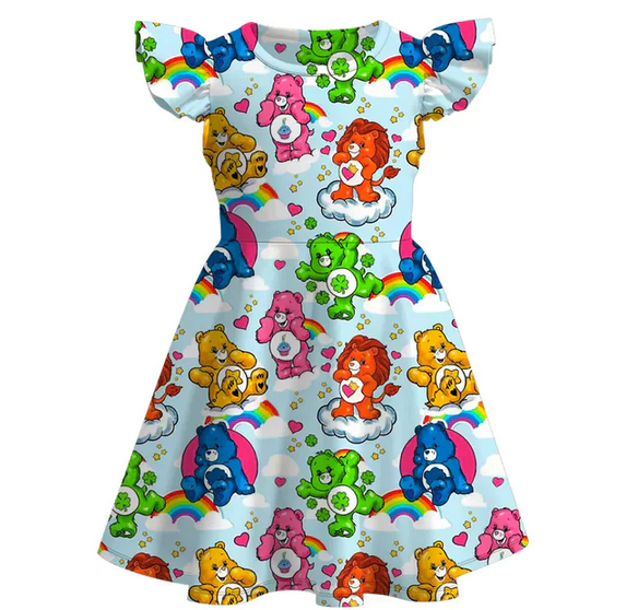 Girls Cute Bear Ruffle Sleeve Dress w/ Hair Bow