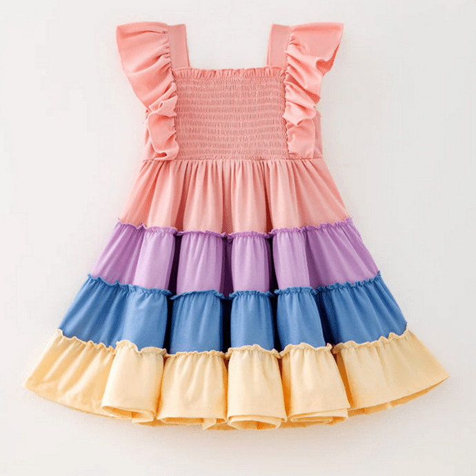 Rainbow Smocked Ruffle Playwear Dress w/ Hair Bow