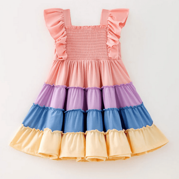 Rainbow Smocked Ruffle Playwear Dress w/ Hair Bow