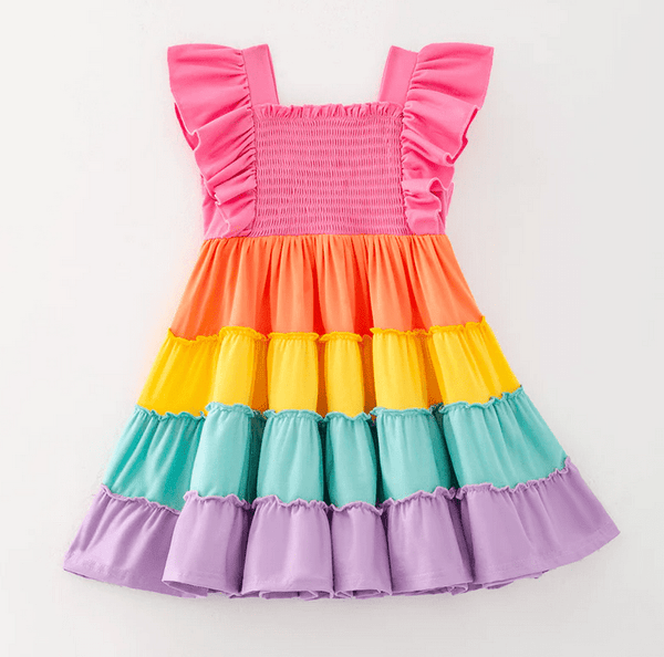 Spring Ruffle Rainbow Smocked Playwear Dress