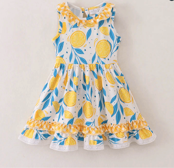 Lemon Print Sleeveless Ruffles Play Wear Dress w/ Hair Bow