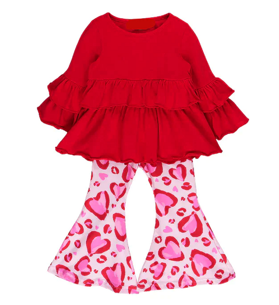 Valentines Day Pink & Red Hearts Ruffle Bell Bottom Outfit w/ Hair Bow