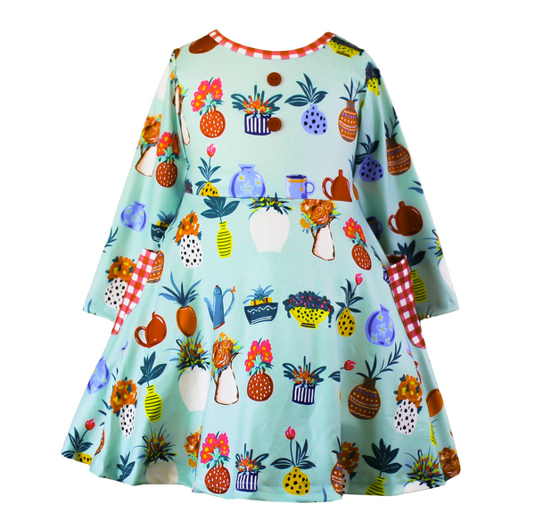 Spring Long Sleeved Flower Pot Playwear Dress w/ Hairbow