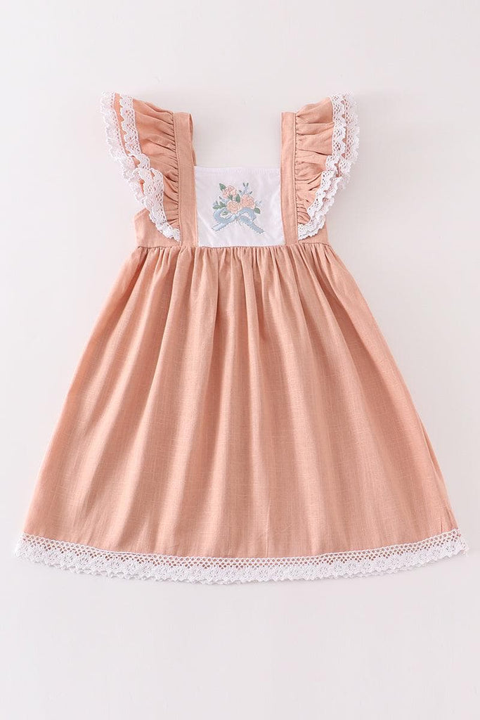 Peach Embroidered Linen Ruffle Dress w/ Hair Bow