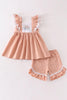 Peach Embroidered Linen Ruffle 2pcs Set w/ Hair Bow