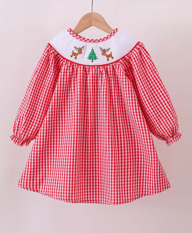 Christmas Red Gingham Smocked Reindeer Play Wear Dress