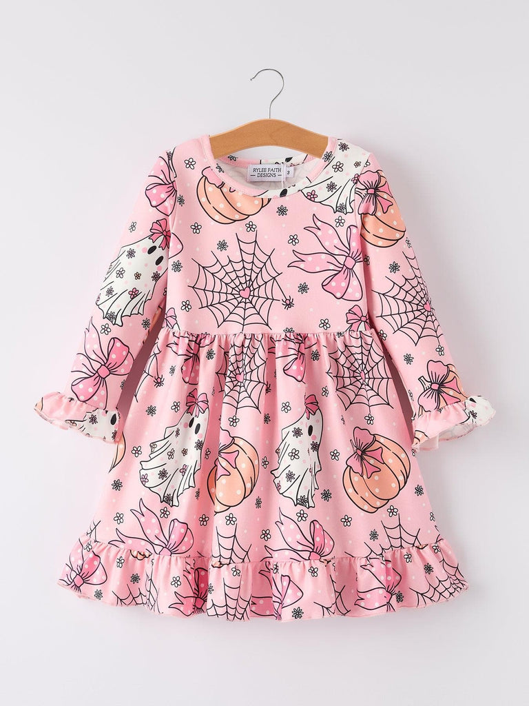 Halloween Ghost Pumpkin Print Ruffled Cuffs Long sleeve Dress