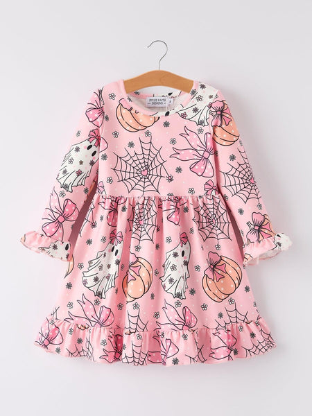 Halloween Ghost Pumpkin Print Ruffled Cuffs Long sleeve Dress
