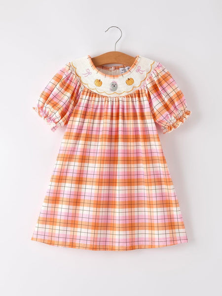 Halloween Pumpkin Bow Ghost Smock Embroidered Plaid Girls Dress