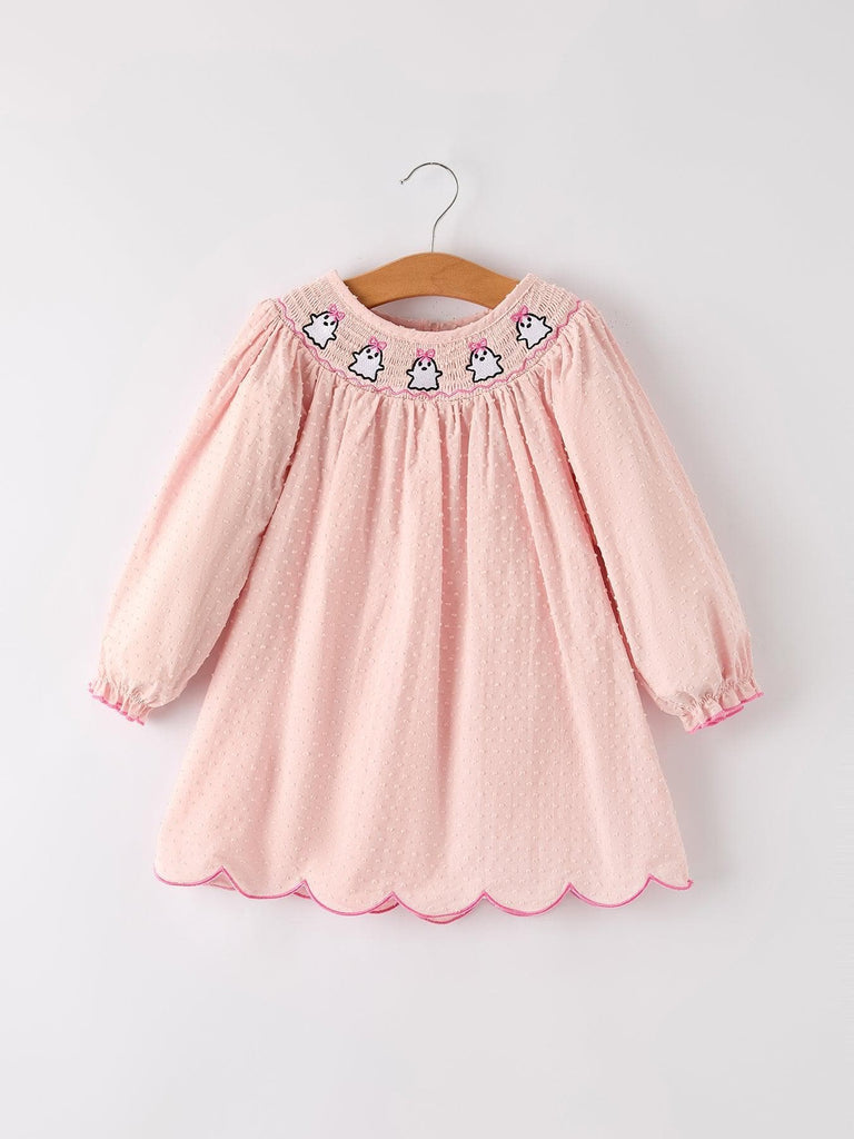 Autumn Halloween Light Pink Ghost Embroidery Smock Girl Dress - Little Miss Marmalade