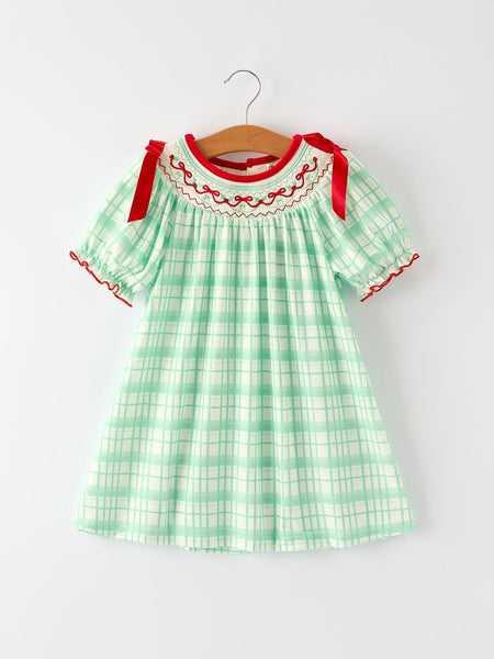 Christmas Girl Smock Embroidery Green Plaid Dress