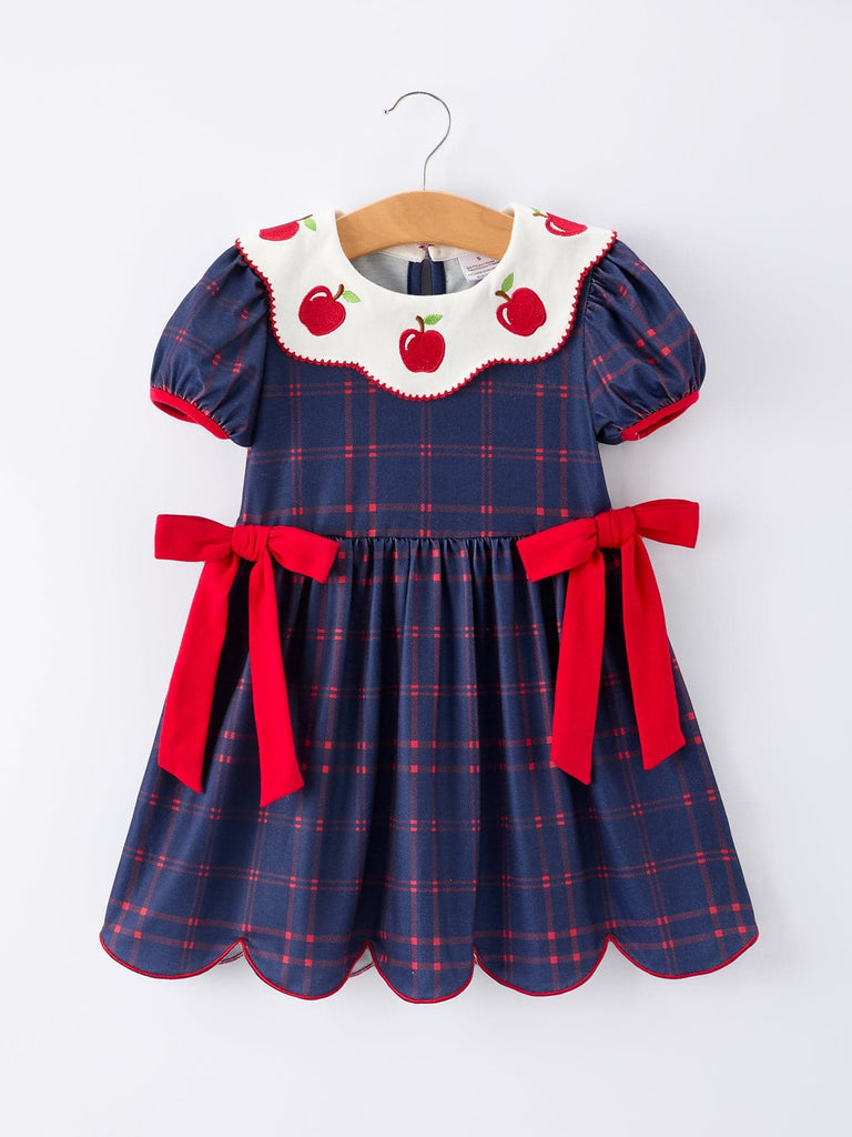 Back To School Apple Plaid Girls Dress Scallop Hem Bow