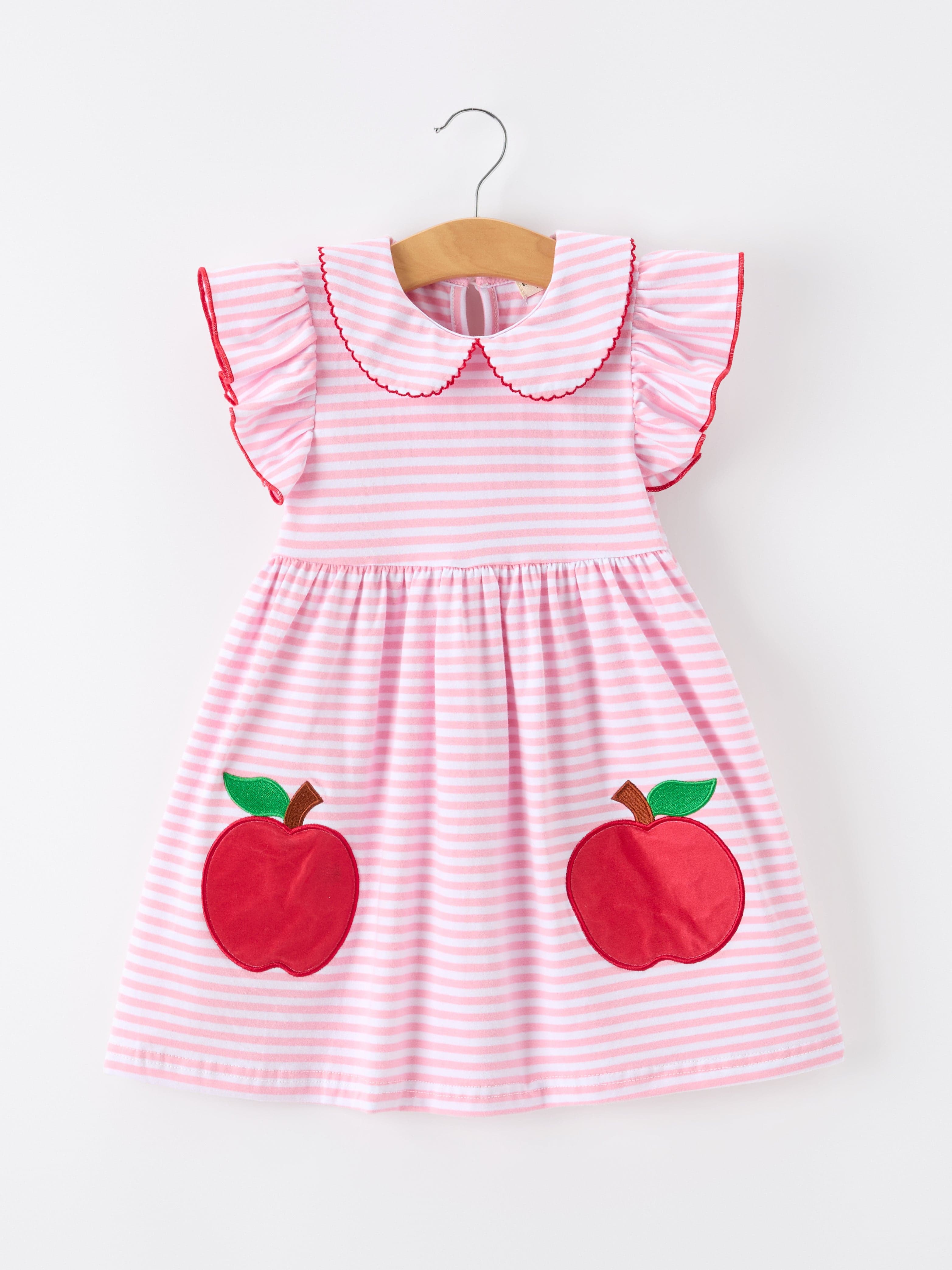 Girls Back To School Apple Applique Twirl Dress Ruffle Petal Collar