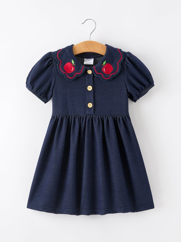 Back to School Apple Applique Girls Dress Petals Collar