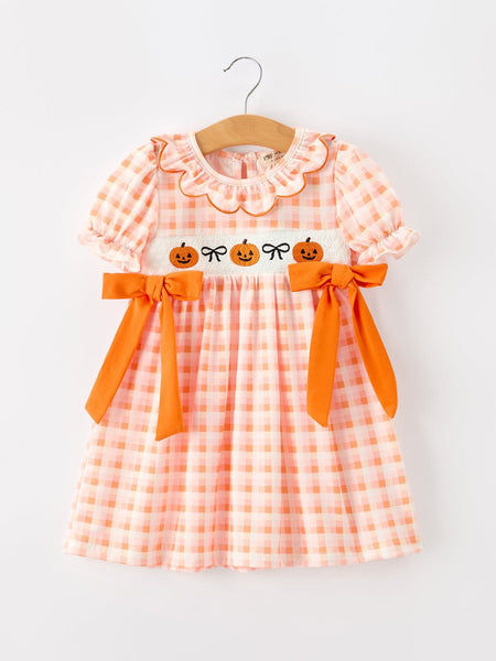 Halloween Pumpkin Plaid Bow Girls Dress