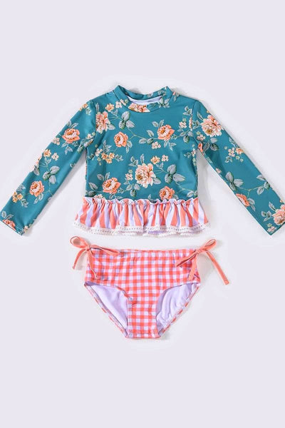 Teal Floral Ruffle 2pc Swimsuit