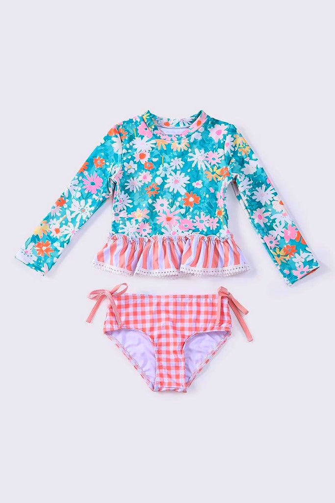 Pink & Teal Floral Bloom 2pc Rash Guard Swimsuit