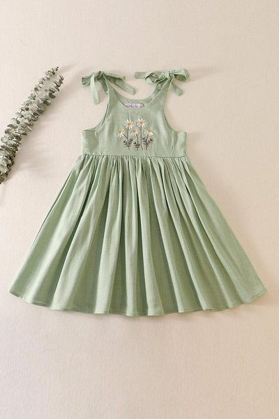 Sage Floral Embroidery Linen Dress w/ Hair Bow