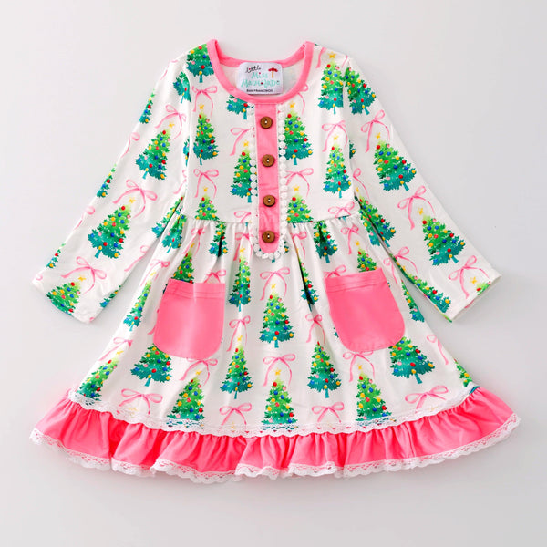 Christmas Pink Ruffle Tree Dress w/ Hair Bow