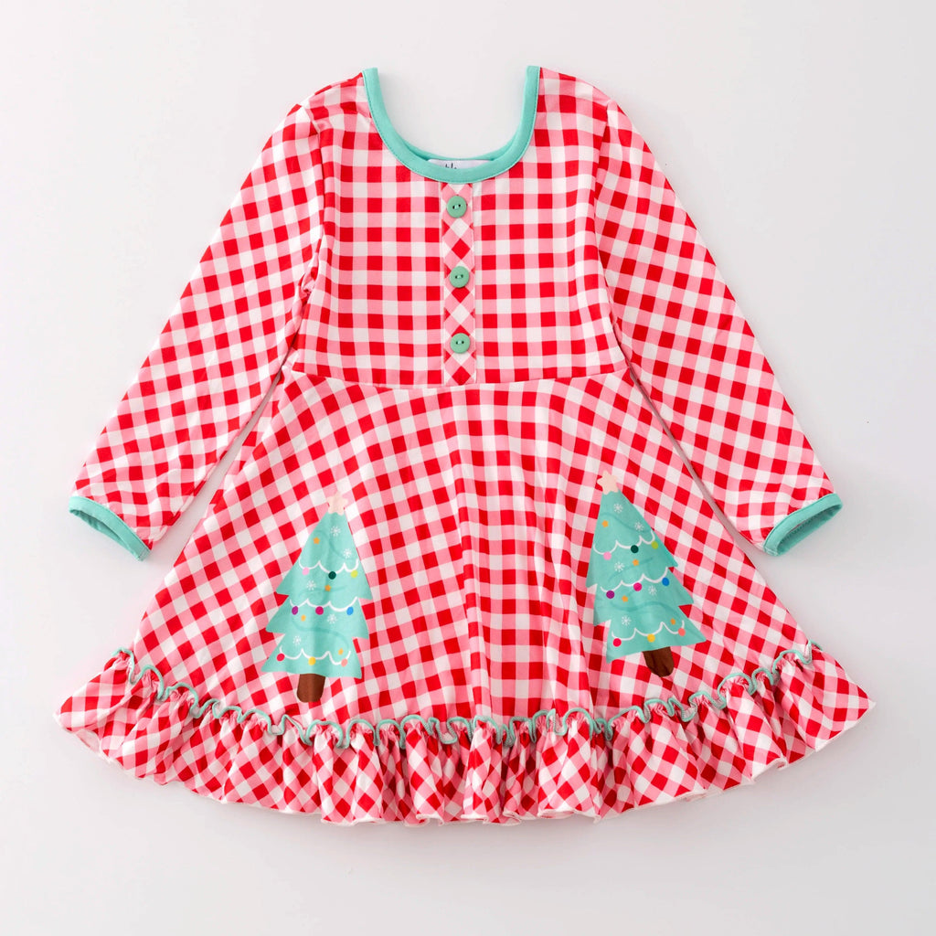 Christmas Red Gingham Tree Dress w/ Hair Bow