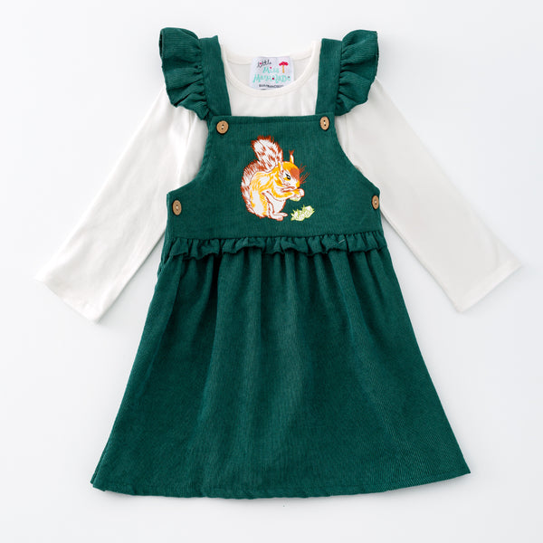 Fall Squirrel Embroidred Green Corduroy Pinafore Dress