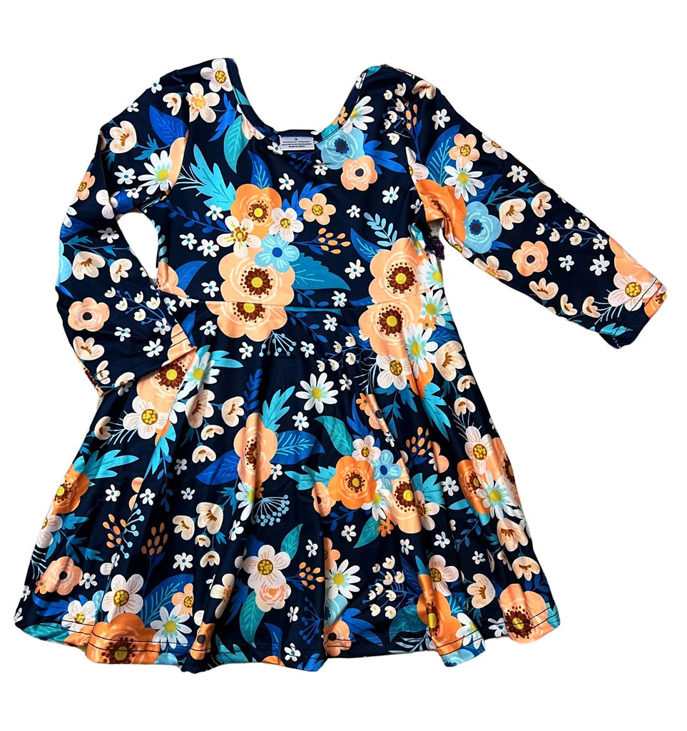 Fall Navy & Peach Floral Long Sleeved Dress /Hairbow