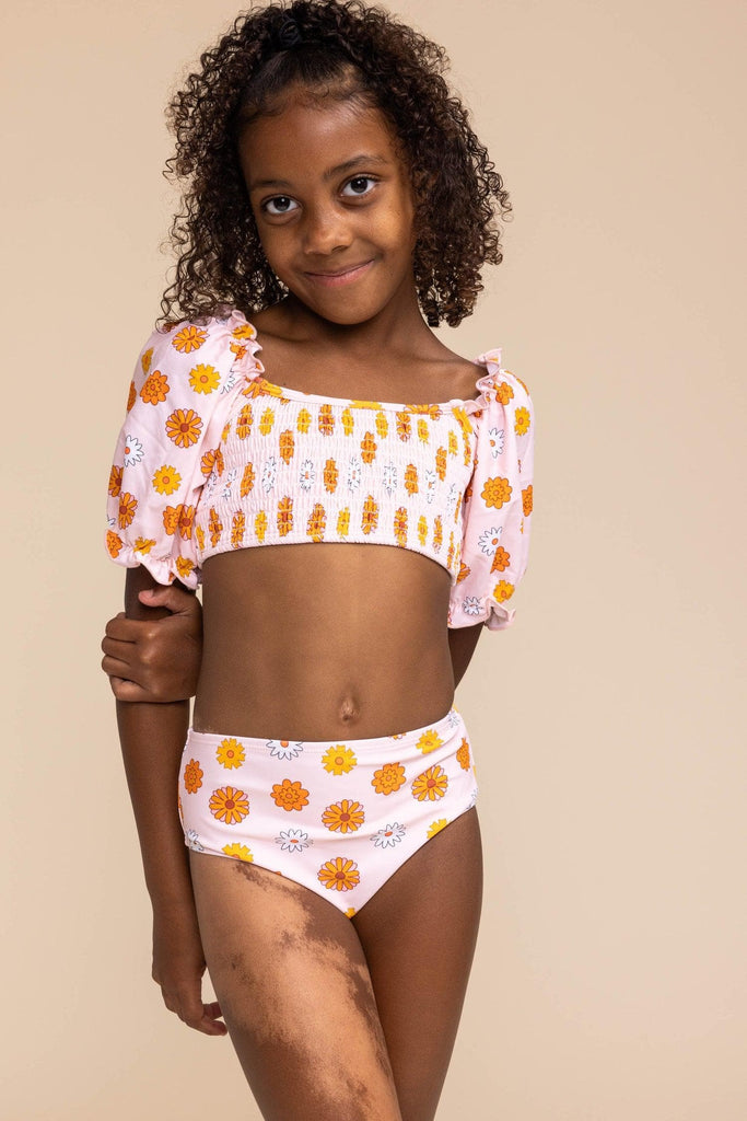 Orange floral Print Smocked 2 pc Bathing Suit