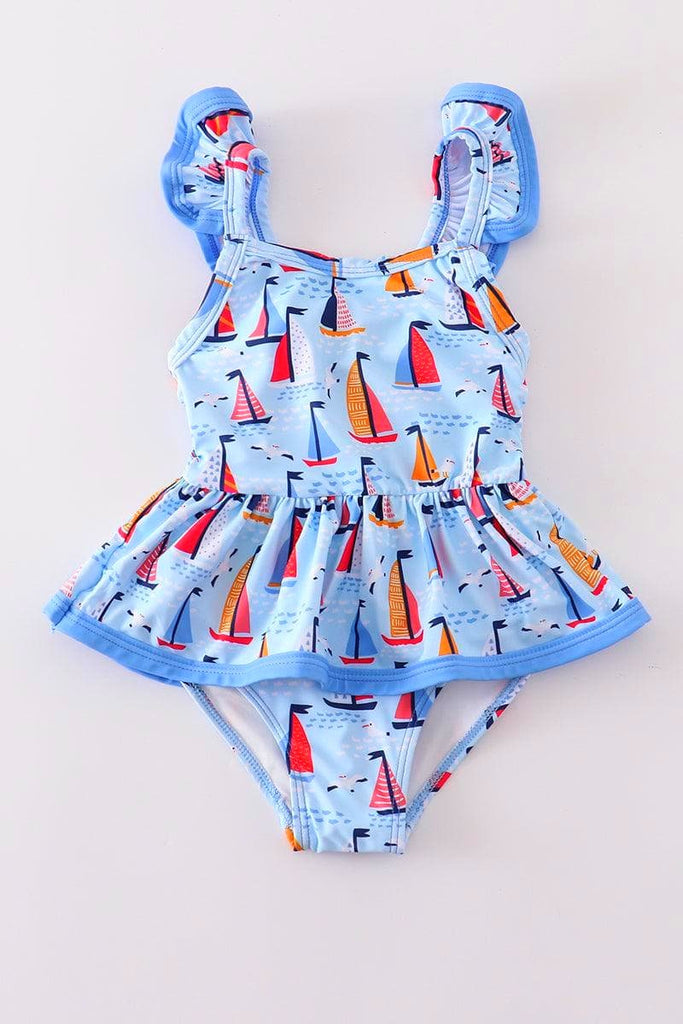 Watercolor Sailboat 1 Pc Swimsuit