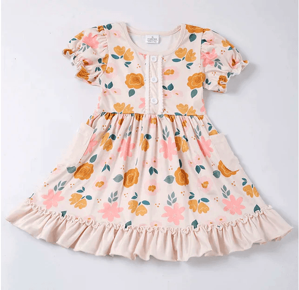 Sweet Floral Spring Ruffle Playwear Dress w/ Hair Clip
