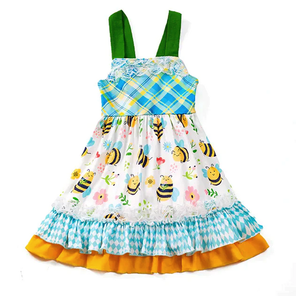 Cute Bee Happy Summer Playwear Dress w/ Hair Bow