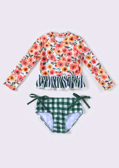 Green Gingham & Floral Rash Guard Swimsuit