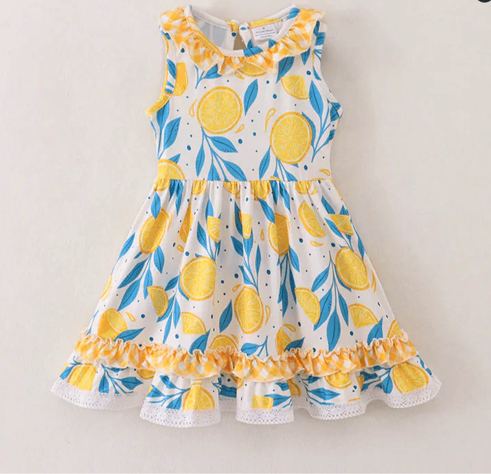 Lemon Print Sleeveless Ruffles Play Wear Dress w/ Hair Bow 4 Years Lemon Print Sleeveless Ruffles Play Wear Dress w/ Hair Bow 4 Years