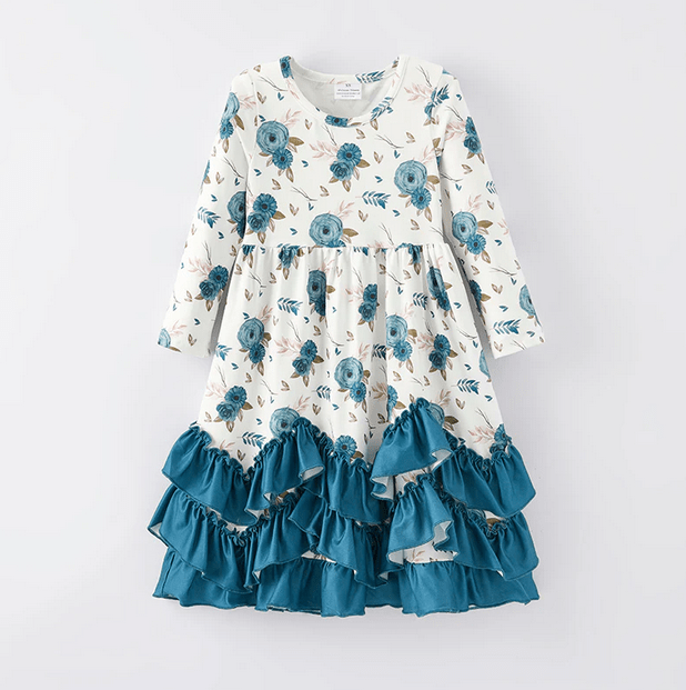 Lovely Blue Floral Maxi Playwear Dress w/ Hair Bow