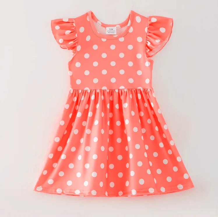 Coral Polka Dot Summer Play Wear Dress / Hair Bow